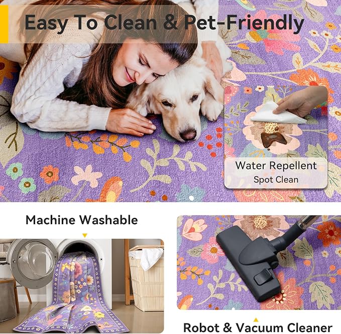 RELEANY Floral Washable Round 6ft Area Rug Purple/Pink | Flower Carpet Print - Image 6