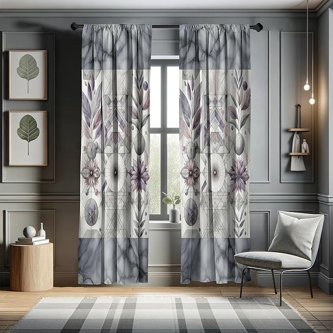 Ambesonne Geometric Floral Window Curtains Pack of 2, Classic Marble Print Ornate Leafy Flowers and Futurist Stripes, Lightweight Set with Rod Pocket, 4 Panels of - 28" x 84", Ceil Blue Laurel Green