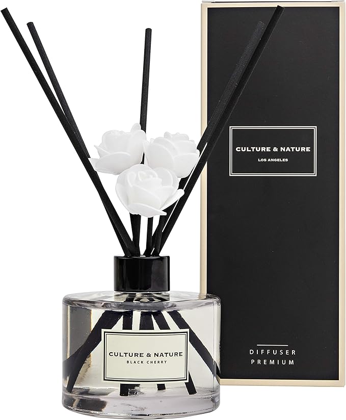 CULTURE & NATURE Reed Diffuser Set 6.7oz (200ml) Black Cherry Scented Diffuser with Sticks Home Fragrance Reed Diffuser for Bathroom Shelf Decor