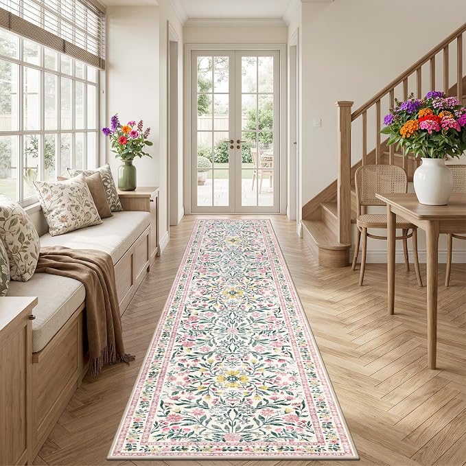 PLHXFR 2.6x14 Washable Runner Rug：Floral Indoor Kitchen Carpet Pink Green | - Image 3
