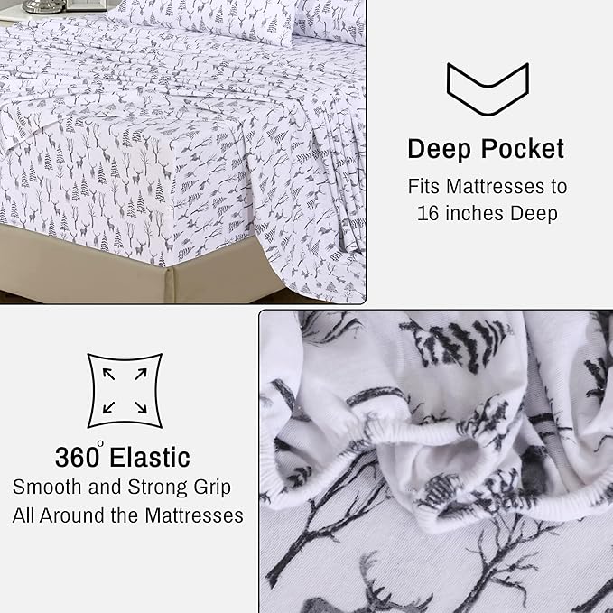 RUVANTI Flannel Sheets King Size - 100% Cotton Brushed King Size Sheets Set - Deep Pockets 16 Inches Bed Sheets - All Seasons Breathable & Extra Soft - Warm & Cozy, 4 Piece, Dry Winter