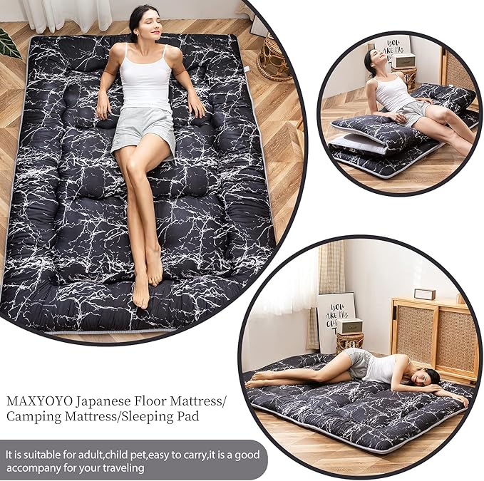MAXYOYO Black Marble Printed Japanese Futon Floor Mattress, Thicken Sleeping Pad Floor Bed Roll Up Camping Mattress Folding Couch Bed Mattress Topper Guest Floor Mattress King