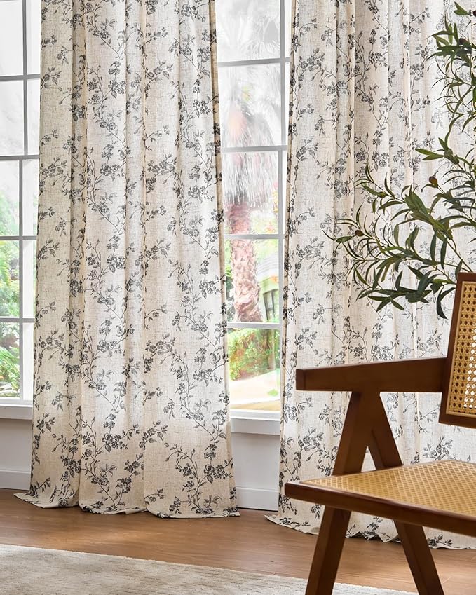 Black Vintage Floral Linen Curtains Farmhouse 38W X 96L 2 Panels | Elisa Series - Image 7