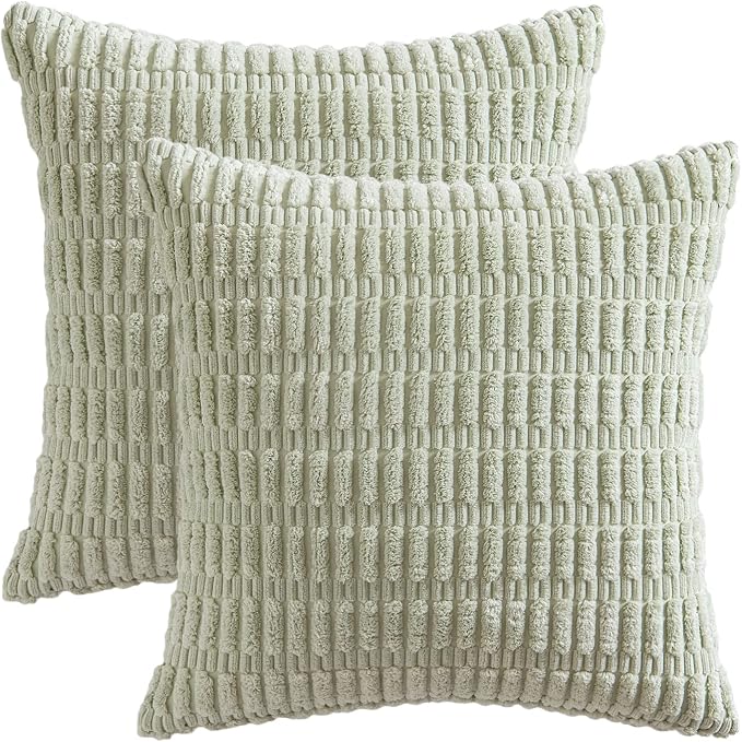 MIULEE Corduroy Decorative Throw Pillow Covers 18x18 Light Green Pack of 2 | - Image 6