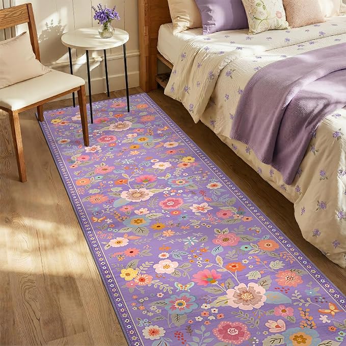 Floral Washable 2x10 Area Rugs Runner Entryway Hallway Purple/Pink | Flower - Image 6