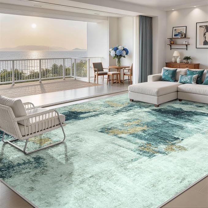 Aelenmu 10x14 Area Rugs for Living Room Washable Dining Room Teal Grey Gold | - Image 8