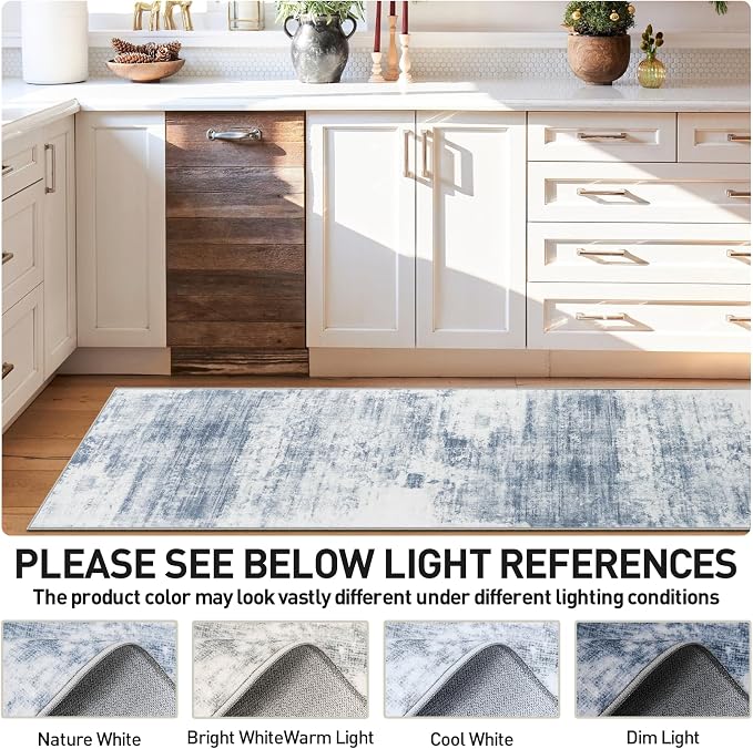 2'6''x8' Runner Rugs Washable Rug:Modern Abstract Hallway Blue White Carpet | - Image 4