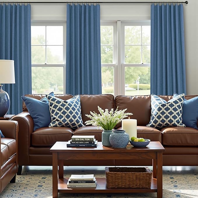 Denim Blue Living Room Darkening Curtains 72 Inches Long 2 Panels Set Faux - Image 7