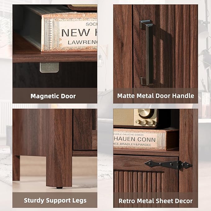 Night Stand Set of 2, 18 Inch Farmhouse Nightstand with with Charging Station and USB Port, Rustic Wood Bedside Table with Magnetic Door, Bed Side Tables for Bedroom, Brown Walnut
