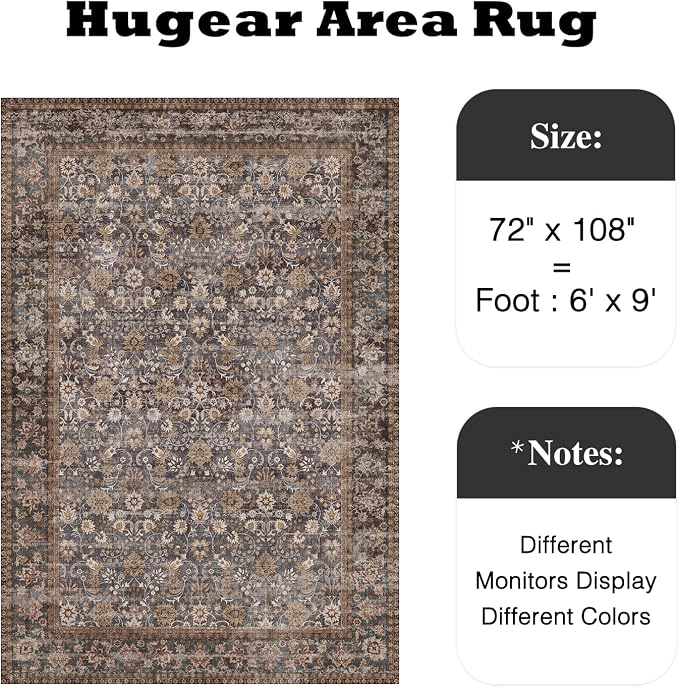 6x9 Brown Blue Vintage Floral Washable Area Rug - Image 2