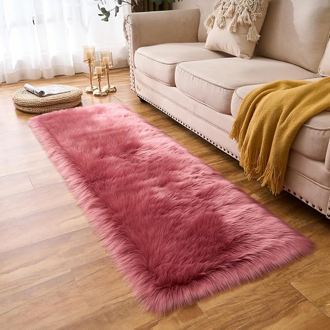 EasyJoy Ultra Soft Fluffy Faux Fur Rug, 2x6 ft Rectangle, Blush Pink | Chair - Image 5