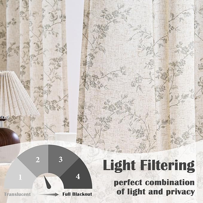 Grey Vintage Floral Linen Curtains Farmhouse 38W X 84L 2 Panels | Elisa Series - Image 2