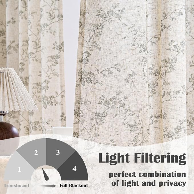 Grey Vintage Floral Linen Curtains Farmhouse 38W X 90L 2 Panels | Elisa Series - Image 2