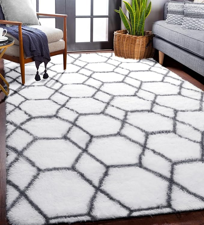Area Rugs for Living Room, 5x8 Fluffy White and Grey Bedroom Geometric Rug | - Image 5
