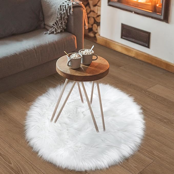 White Faux Fur Rug 2x2 Feet Small Round Fluffy Rug, Faux Sheepskin Circle Shag by TENNOLA