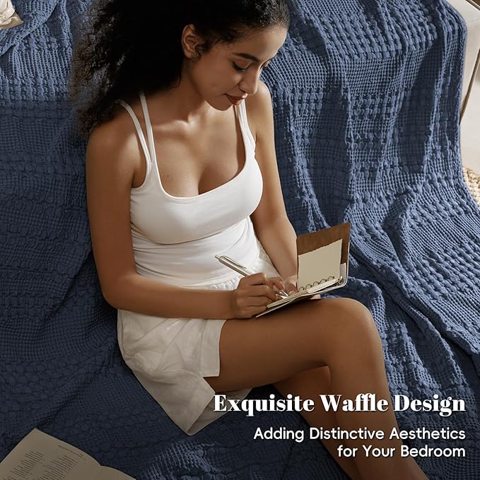 PHF 100% Cotton Waffle Weave Blanket King Size for Bed, Soft Lightweight & Breathable, All-Season Comfort, Luxury Aesthetic Woven Bedding for Home Decor, 108"x90", Indigo