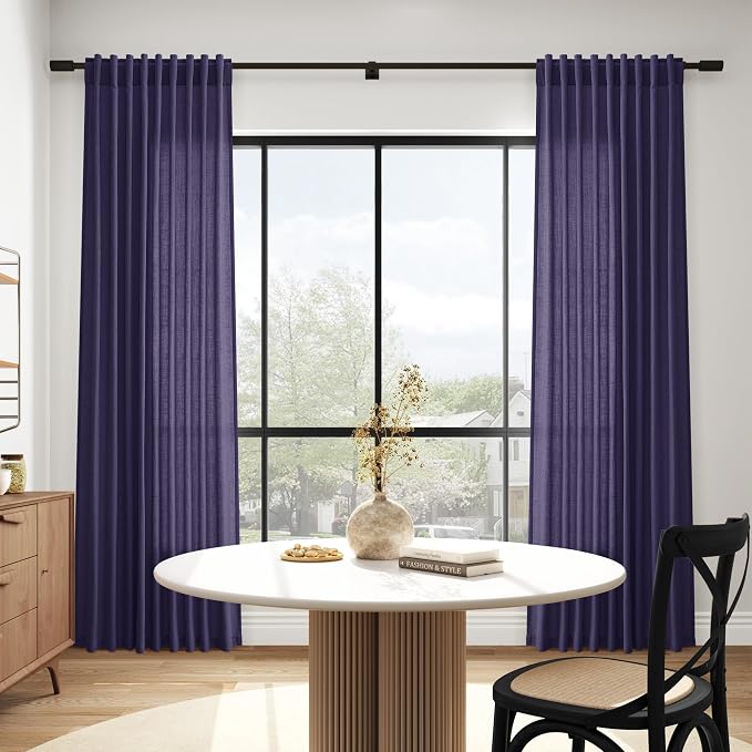 Purple Linen Blend Light Filtering Back Tab Curtains 108 Inches Long, Semi - Image 6