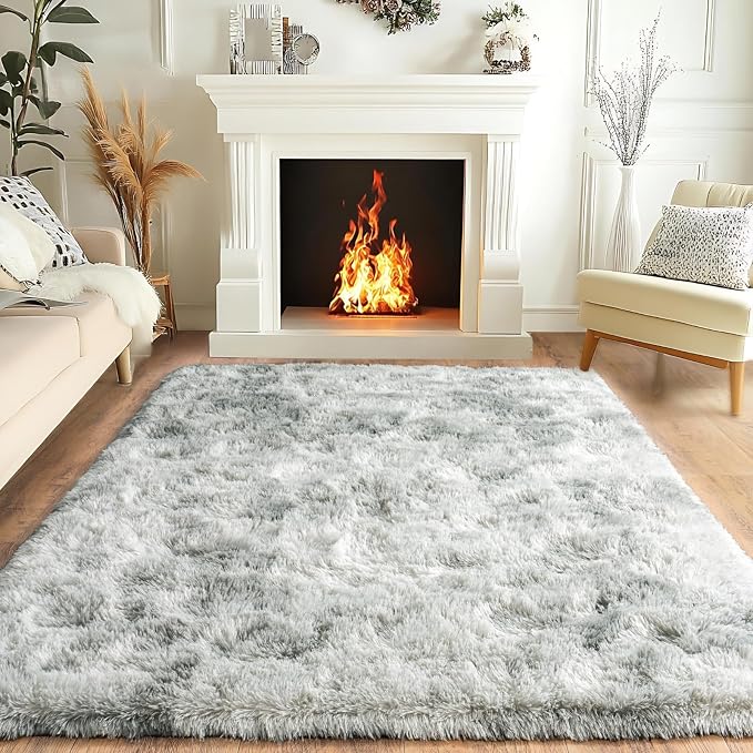 Super Fluffy Area Rug for Living Room 5x7, Shaggy Carpet, Tie Dye Grey | Modern - Image 2