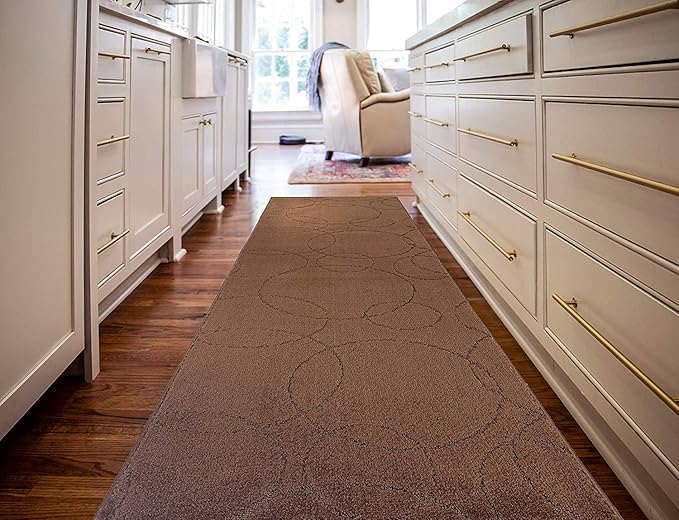 Custom Size Modern Geometric Pattern Carpet Runner Rug for Hallways, Slip Resistant Latex Rubber Backed, 31 inch Wide X Customized Length, Circles Brown, 31 inch X 17 feet