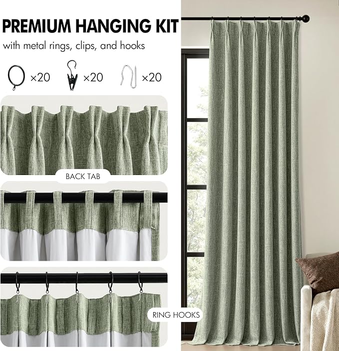 MIULEE Sage Green Pinch Pleated 100% Blackout Linen Curtains 40x96 Inches | - Image 8