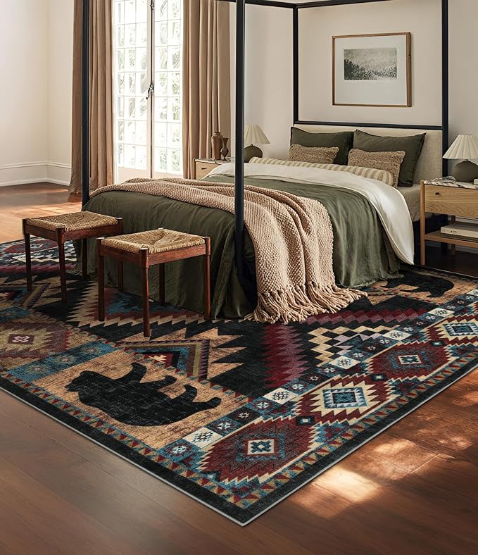 Rustic Cabin Area Rug for Living Room 8x10, Machine Washable Lodge Bear Rug - Image 3