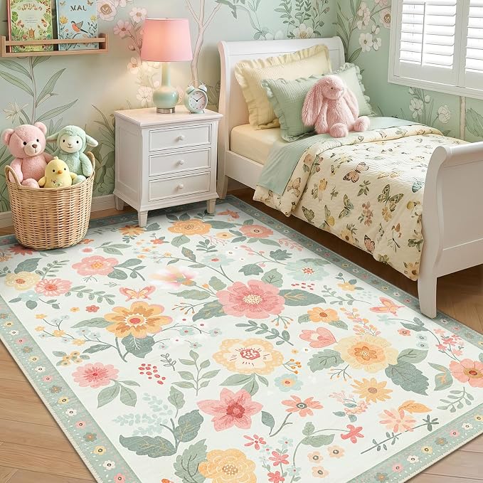 RELEANY Floral Washable 5x7 Area Rugs Beige/Green | Flower Carpet Print Boho by RELEANY