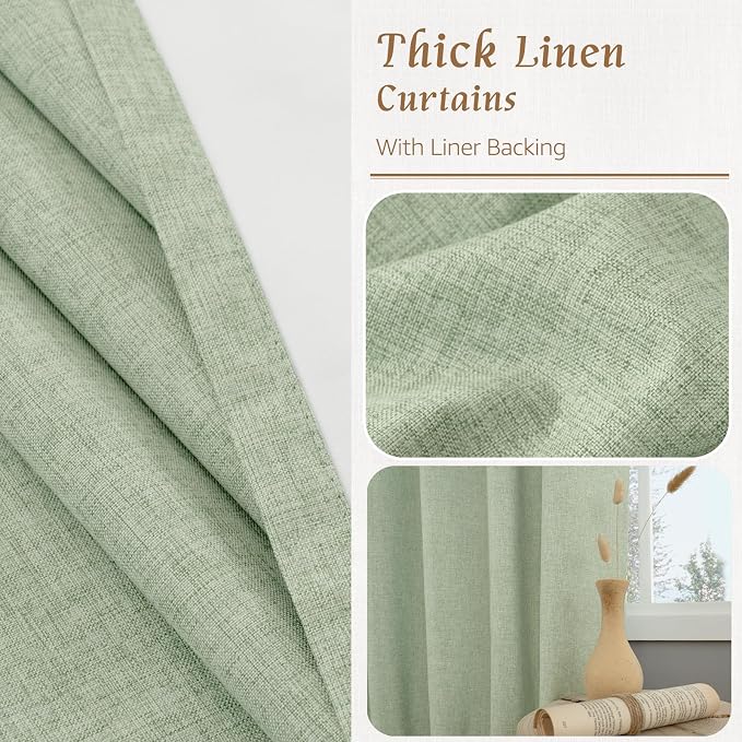 Light Green 100% Blackout Linen Curtains 63 Inches 2 Panels | Linen Textured - Image 7