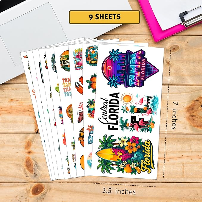 100 PCS Florida Travel Stickers Pack, Vinyl Waterproof Decals of Beaches Palm Trees Oranges State Icons and City Skylines, Gift for Kids Teens Adults Laptop Water Bottle Scrapbook Luggage Car
