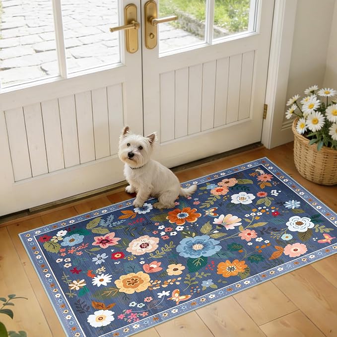 Floral Washable 2x4 Area Rugs Runner Entryway Hallway Blue/Grey | Flower Carpet by RELEANY