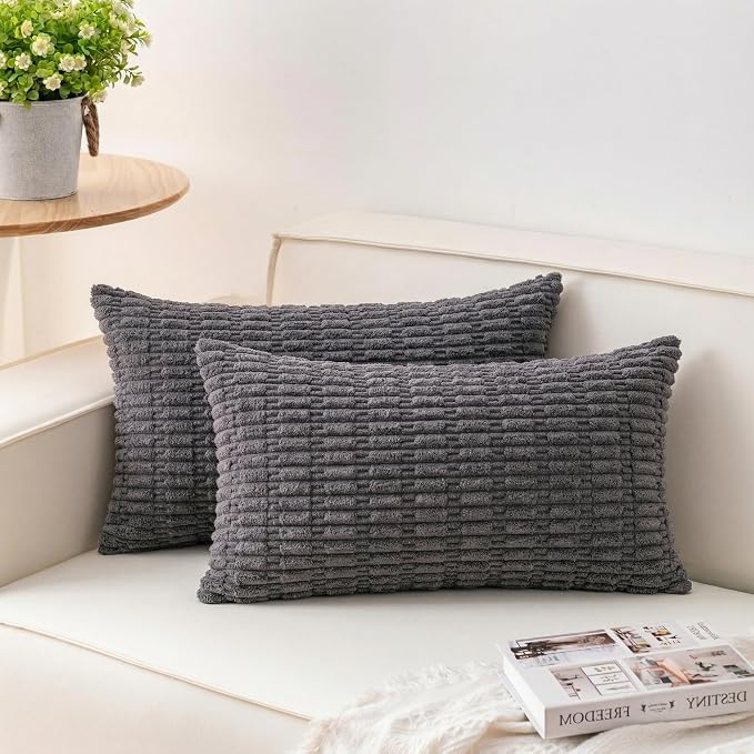 Pack of 2 Corduroy Decorative Throw Pillow Covers 12x20 Inch, Dark Grey | Fall by Unknown