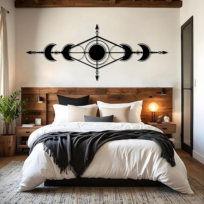Hfrolixit Moon Phase Metal Wall Decor, Boho Moon Metal Wall Art, Celestial Wall Decor, Scandinavian Natural Wall Art, Astrology Wall Hanging (Black, 35"x14"/90x36cm)