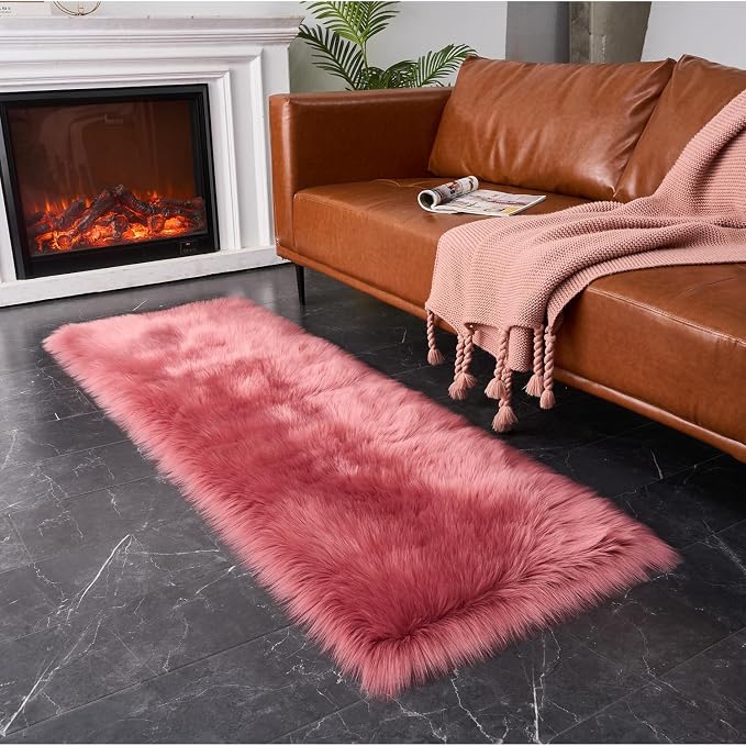 EasyJoy Ultra Soft Fluffy Faux Fur Rug, 2x6 ft Rectangle, Blush Pink | Chair - Image 3