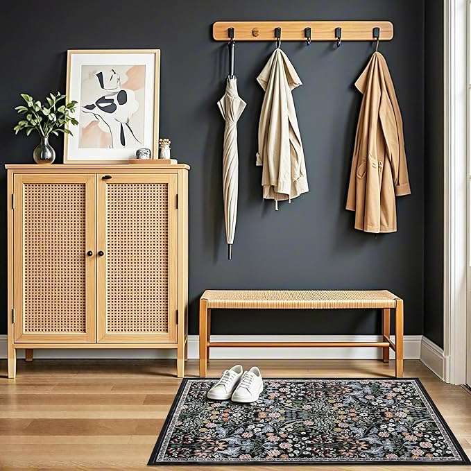 PLHXFR 2x3 Small Entryway Rug: Floral Washable Indoor Carpet Dark Black | - Image 5