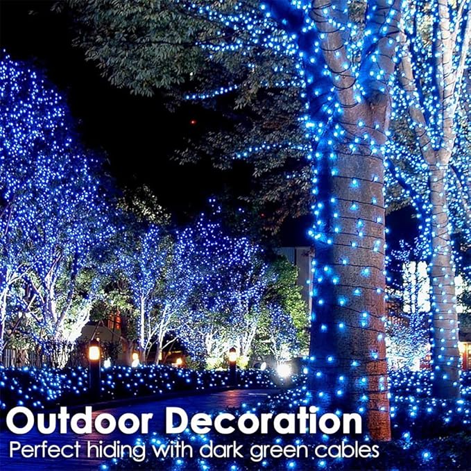 RPGT Christmas Light 1000 LEDs 336ft Green Cable Wire Fairy String Tree Twinkle Lights Plug in 12 Modes for Christmas Party, Outdoor, Garden, Wedding, Home Decoration (Blue)