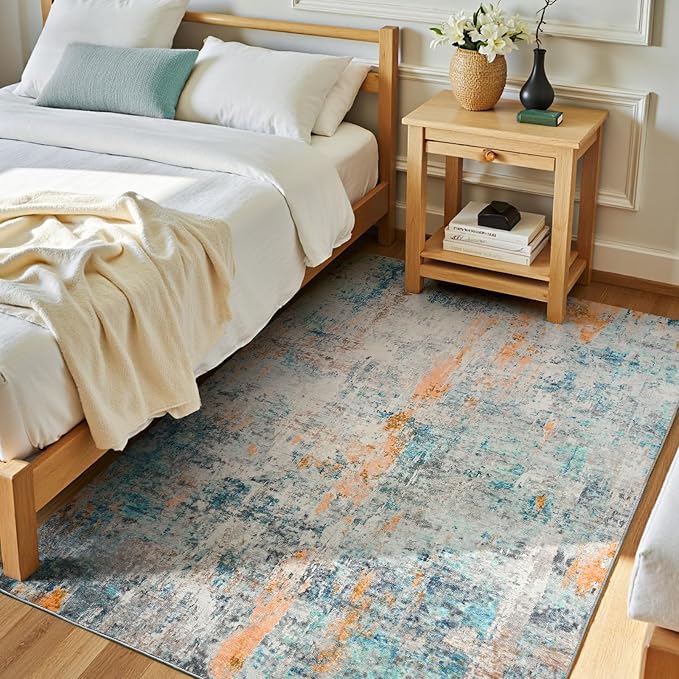 Entryway Rug 3x5 Blue Bedroom Area Rug Washable Non Slip Abstract Boho Rugs - Image 2