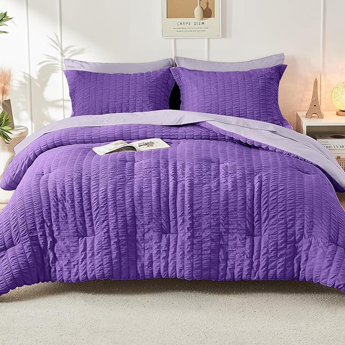 HYMOKEGE Dark Purple/Lavender Twin XL Comforter Set Seersucker 5 Pieces, All Season Luxury Bed in a Bag for Bedroom, Bedding Set with Comforter, Sheets, Pillowcase & Sham