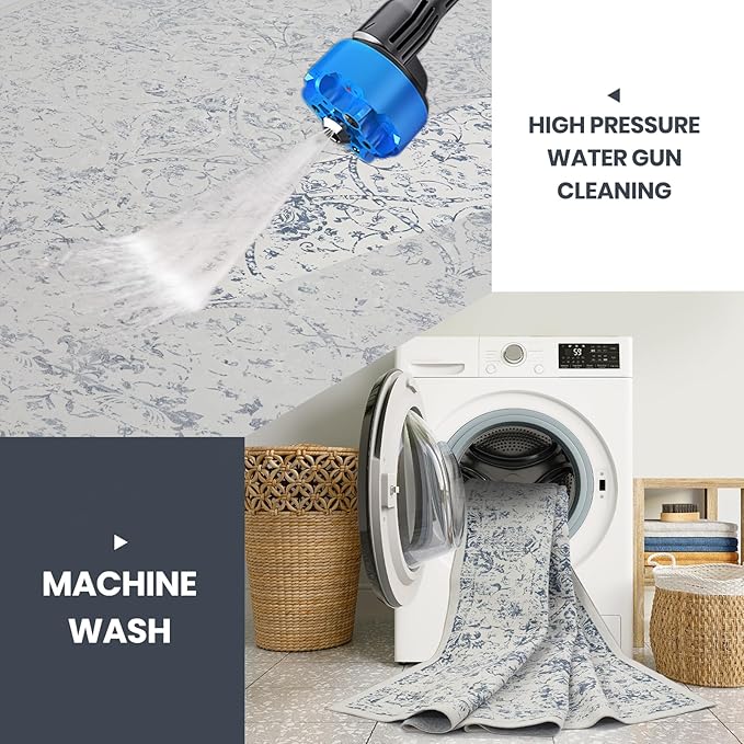 8x10 Boho Washable Area Rug for Living Room, Dining Room-White Blue | Ultra - Image 3