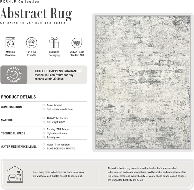 3x8 Washable Runner Rug：Modern Abstract Kitchen Soft Carpet Gray | - Image 3