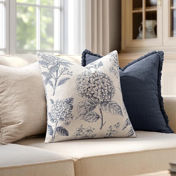 Set of 2 Decorative Floral Pillow Covers 22x22 Inch Navy Blue | Neutral - Image 3