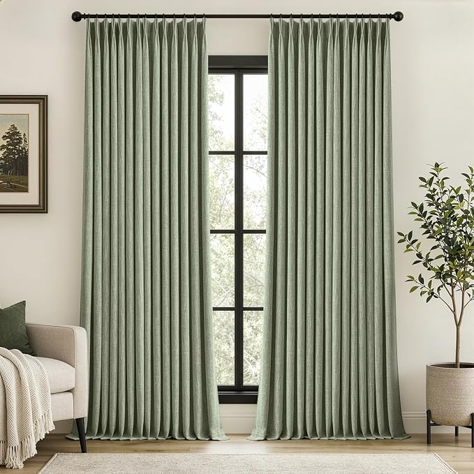 MIULEE Sage Green Pinch Pleated 100% Blackout Linen Curtains 40x96 Inches | by MIULEE