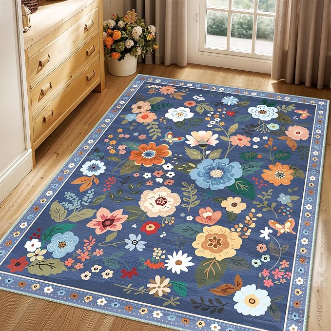 RELEANY Floral Washable 4x6 Area Rugs Blue/Grey | Flower Carpet Print Boho Cute - Image 8