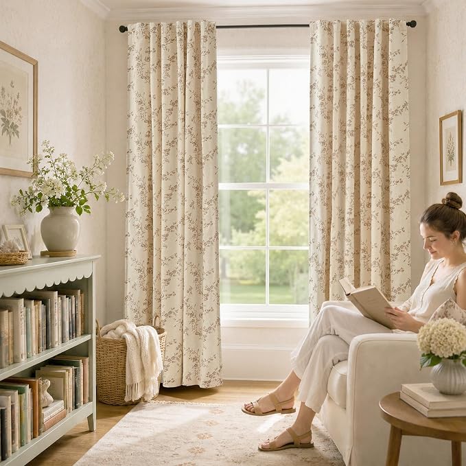Extra Long Floral Linen Curtains Taupe on Beige 50×108 2 Panels | Elisa Series - Image 7