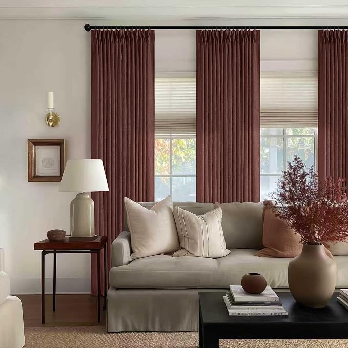 Chestnut Brown Thick Linen Pinch Pleated Curtains 120 Inches Long 2 Panels | - Image 7