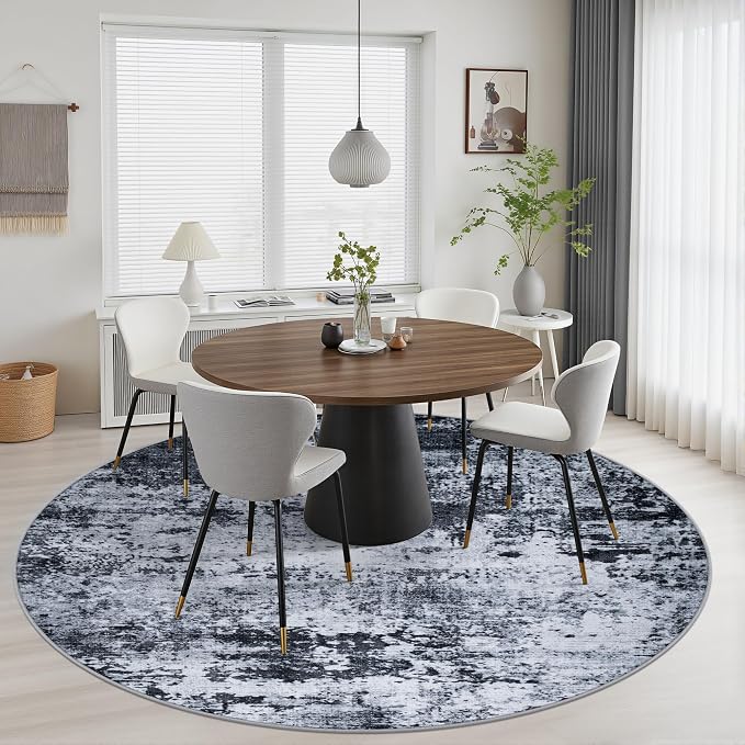 Round Area Rug Living Room: 8 ft Modern Washable Carpet Black | - Image 4