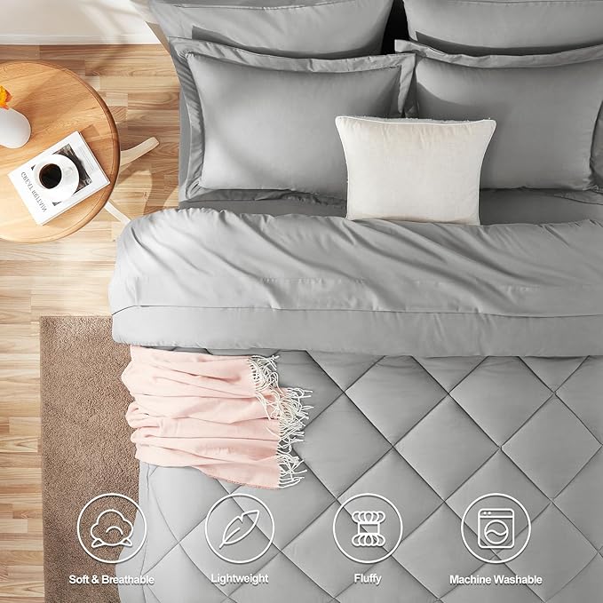 CozyLux King Size Comforter Set Light Grey - 7 Pieces Bed in a Bag King, Luxury Soft Bed Set for All Seasons, Bedding Set with Down Alternative Comforter, Sheets, Pillowcases & Shams