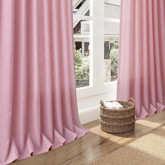 Rose Linen Curtains 90 Inch Long 2 Panels Set Back Tab Rod Pocket Semi Sheer - Image 6