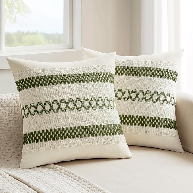 MIULEE Set of 2 Moss Green Boho Decorative Pillow Covers 18x18 Inch | Farmhouse by MIULEE