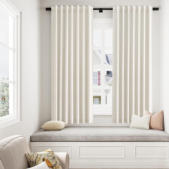 100% Blackout Linen Curtains for Bedroom 63 Inches Long Natural Cream Black Out - Image 8