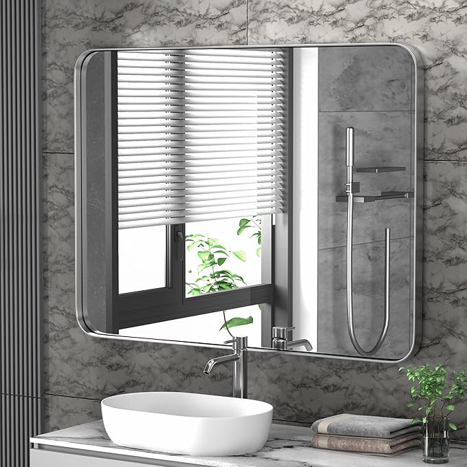 PAIHOME 22x30-Inch Brushed Nickel Bathroom-Vanity-Mirror for Wall - 304 Stainless Steel Silver Frame Bathroom Mirrors, Rectangle Farmhouse Mirror, Vertical Or Horizontal Hanging Modern Mirror