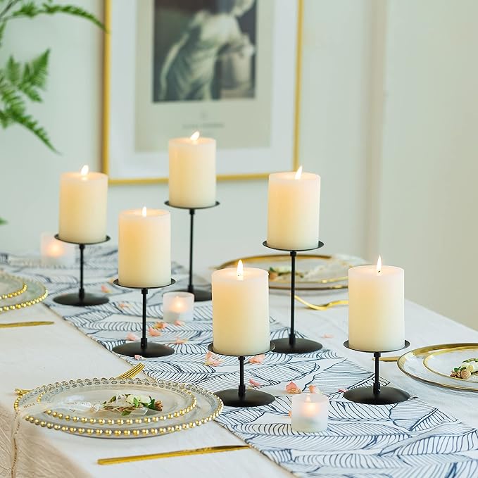 Pillar Candle Holders Candle Plates - Set of 6 Candelabra Candle Stand Iron Plate Minimalism Modern Home Mantel Dinning Table Halloween Decorations Centerpiece for Wedding, Party, Events, Black